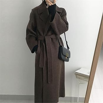 Women Long Wool Coat with Belt Solid Color Long Sleeve Chic